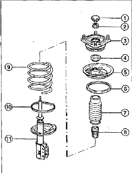 1 - колпачок; 2 - гайка крепления верхней опоры; 3 - внутренний корпус верхней