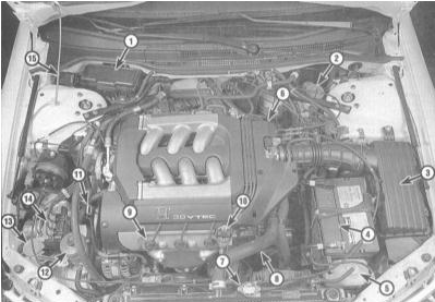 Вид сверху на двигательный отсек моделей V6 (типичн.)