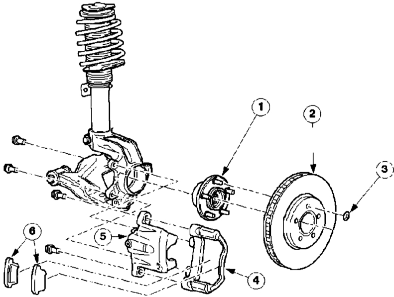 Передний дисковый колесный тормозной механизм в деталях: