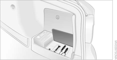 Шоферский инструмент находится в ящике в багажном отделении справа. Чтобы полу