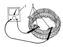 Проверка статора на прохождение тока. Соединить омметр (1) по порядку с тремя