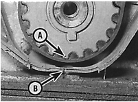 Совмещение метки (А) на шкиве коленчатого вала с указателем на заднем кожухе