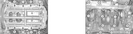 9. Выверните болты и осторожно снимите крышки коренных подшипников и/или сборку