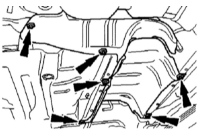 Демонтируйте выхлопную систему и снимите теплозащитную панель (винты указаны